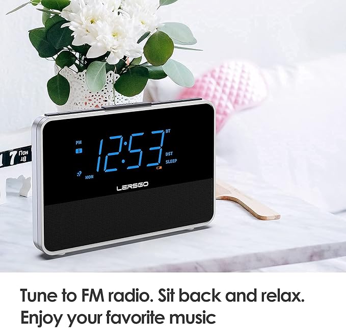 Alarm Clock Radio Bluetooth V5.2 Speaker with HD Sound and Bass,Blue Display with auto Dimmer,Snooze,Sleep Timer,Adjustable Volume,5V1A USB Charging Port