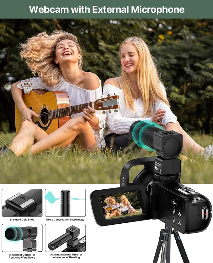 4K Video Camera Camcorder 64MP Vlogging Camera for YouTube 3.0" Touch Screen 18X Digital Zoom IR Night Vision with External Stereo Microphone,Remote,Lens Hood,Handheld Stabilizer,32G Card &2 Batteries