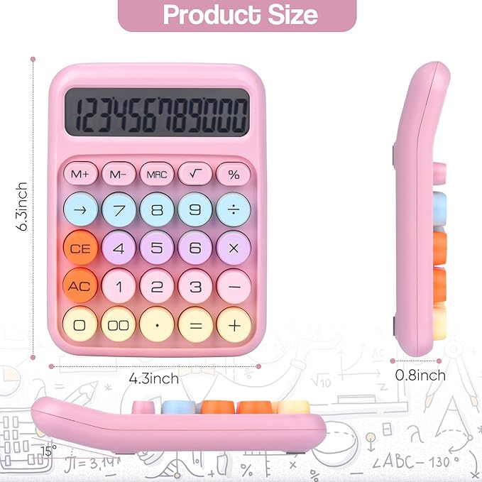 Mechanical Pushbutton Calculator,12 Digit Large LCD Display,Big Buttons Easy to Press,Colorful Candy Calculator,Automatic Sleep,with Battery.for Office,School, Home. (Pink)