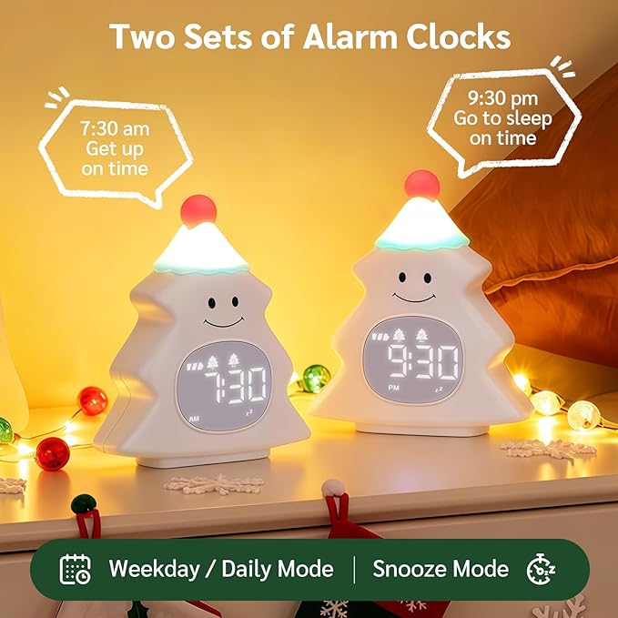 Yiliaw Kids Alarm Clock with Night Light, Christmas Tree Wake Up Clock, Rechargeable Cute Alarm Clock for Bedroom, for Boys and Girls, White