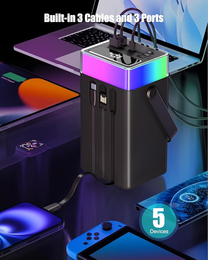 90000mAh Portable Charger Power Bank with 35W PD Fast Charging, 6 Ports & Built-in Cables, RGB Mood Light(12 Modes) &LED Camping Flashlight for Indoor/Outdoor Camping Home Travel Emergency