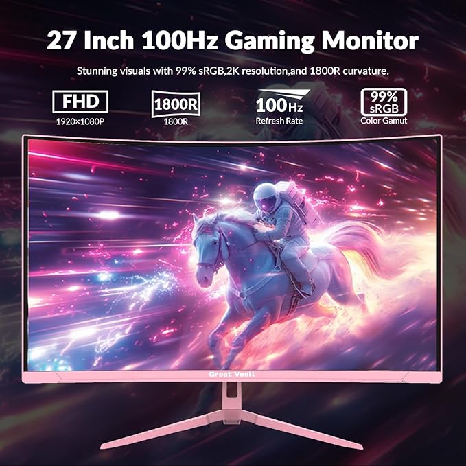 27-Inch Curved Gaming Monitor - 100Hz, FHD (1920x1080), 1ms Response, 1500R VA Panel, AMD FreeSync, Low Blue Light & Flicker-Free, Eye Care, HDMI/DP, VESA 75x75mm - Pink