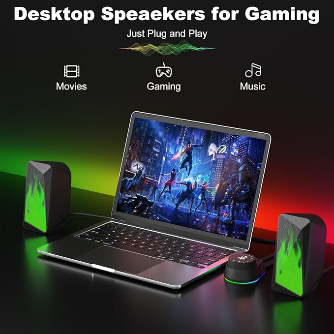 SOULION 2.0 Computer Speakers, USB Powered & 3.5 mm AUX Bluetooth Speakers for Desktop Monitor, LED Flame Lights & Easy-Control Pod, Gaming Speakers for Laptop Tablet Phone - Black
