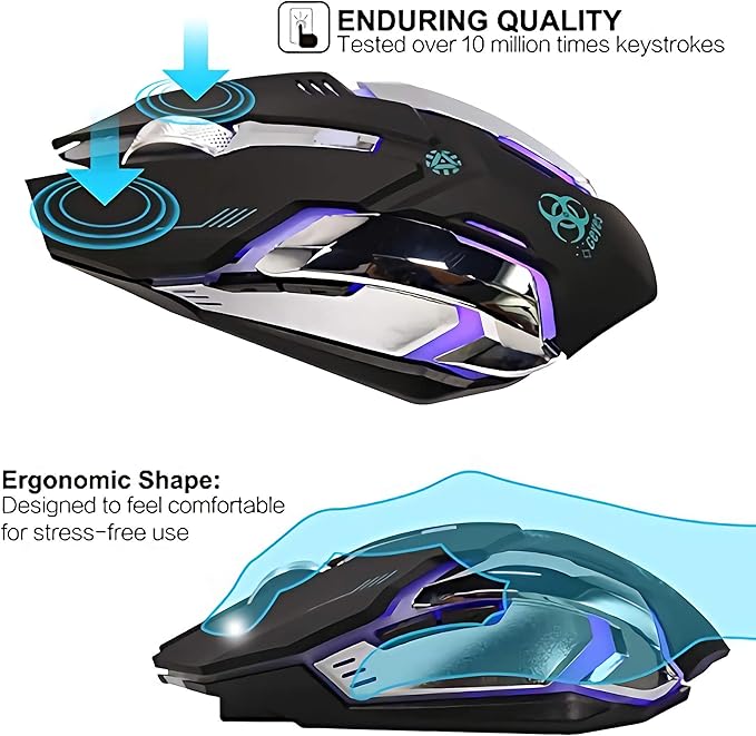 VEGCOO Wireless Gaming Mouse, Silent Wireless Mouse, Rechargeable Computer Mice with Colorful RGB LED Lights and 3-Level-Adjustable DPI, 6 Buttons Mouse with Side Buttons for Laptop and Desktop