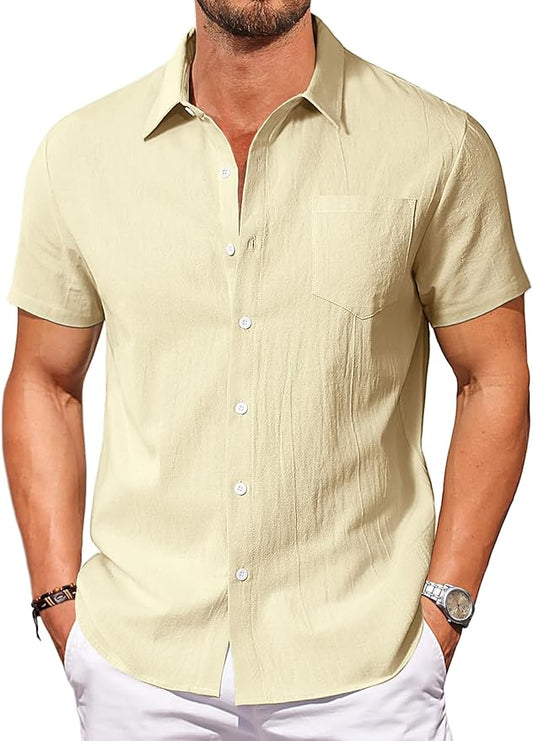 Vssjavun Mens Short Sleeve Button Down Shirts Casual Cotton Shirt Summer Beach Tops with Pocket