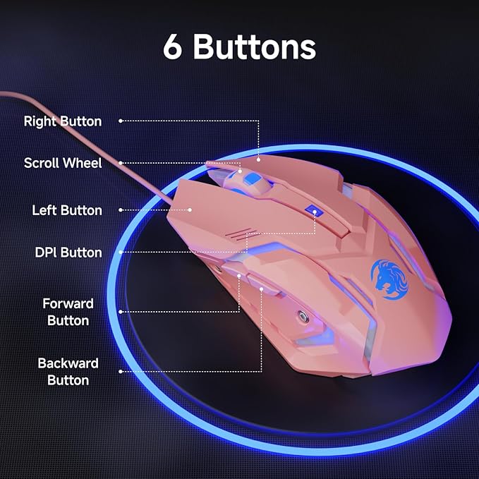 EWEADN G3 Wired Gaming Mouse, 2400 DPI Wired Optical Mouse with 6 Programmable Macro Buttons, Metal Base, 4-Color Breathing Light for PC/Laptop/Windows-Pink