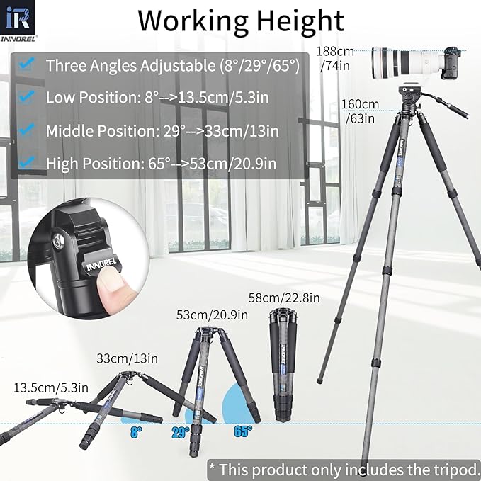 INNOREL NT404C Carbon Fiber Tripod Professional Birdwatching Heavy Duty Camera 66lb/30kg Max Load 40mm Max Tube Diameter Bowl Tripod Birdwatching Camera Stand with a 1/4" or 3/8" External Screw Hole