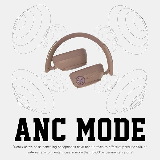 Remix 130H Playtime Bluetooth Over-Ear Wireless Headphones, ANC/ENC Active Noise Cancelling, Foldable Rotatable Lightweight Headphones with Microphone Type-C for Call Travel Sports (Pink Brown)