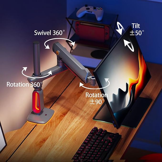 NB Extra Height Gaming Monitor Arm for 32 to 60 Inches Screen, Load up to 20 kg, VESA 75/100, RGB-Light, Heavy Duty, Multi Angle Adjustable, Premium Aluminum, Long Arm Extension Grey Black
