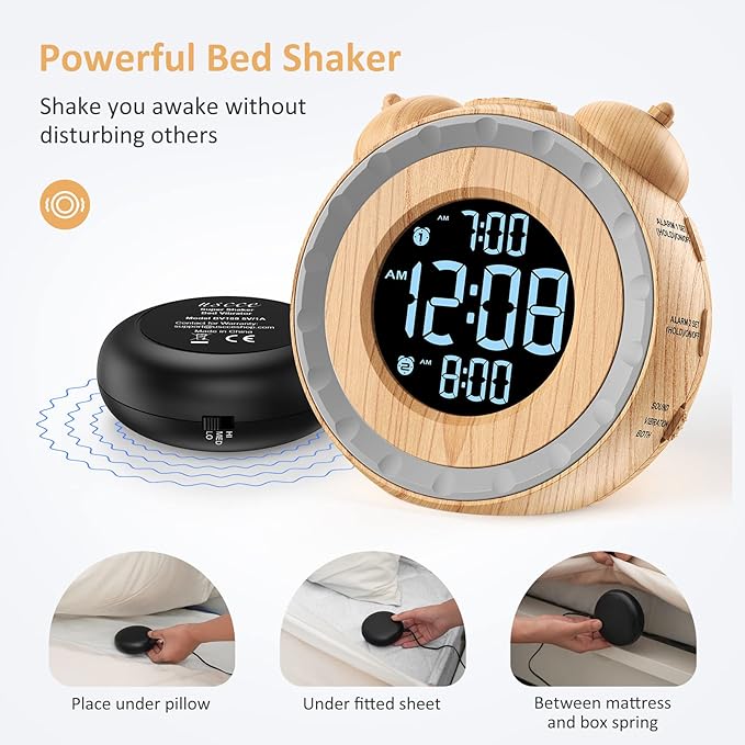 uscce Dual Extra Loud Alarm Clock with Bed Shaker - 0-100% Dimmer, Vibrating Alarm Clock for Heavy Sleepers or Hearing Impaired, Easy to Set, Snooze, Battery Backup, Wake with a Shake(Wood Grain)