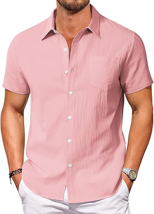Vssjavun Mens Short Sleeve Button Down Shirts Casual Cotton Shirt Summer Beach Tops with Pocket