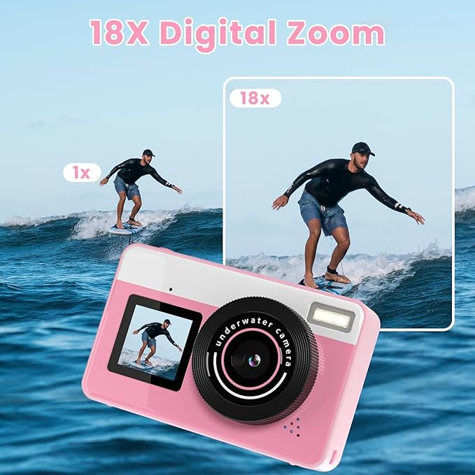 4K Digital Camera Waterproof, Point and Shoot Cameras for Photography, 10FT Underwater Camera with Dual Screens,18X Digital Zoom, 32GB TF Card, Selfie Cameras for Teens Beginners Girls Boys Kids(Pink)