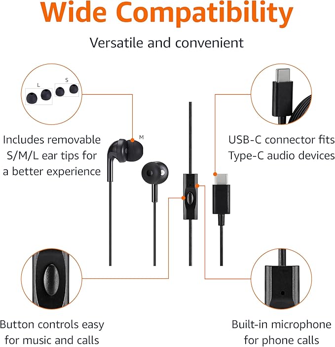 Amazon Basics Wired Earbuds with Microphone, In Ear Headphones, USB-C, 4.2 ft long cable, S/M/L Ear Tips, One size, Black