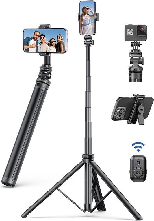 75" Phone Tripod, Selfie Stick with Remote and Phone Holder, Extendable Tripod for iPhone, Aluminum Cellphone TripodStand 360° Rotation Travel Tripods Compatible with iPhone Android, GoPro