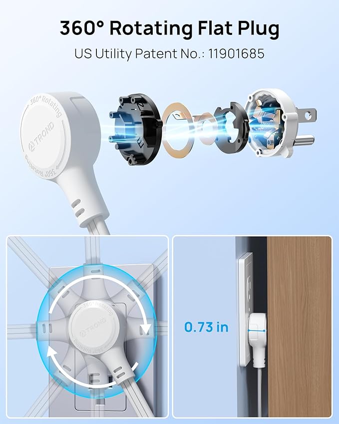 TROND 360° Rotating Flat Plug Power Strip, 3FT Extension Cord with 4 USB Ports, 4 Wide Spaced AC Outlets, Wall Mount, 900J Surge Protector for Office Travel Dorm Room Essentials, White