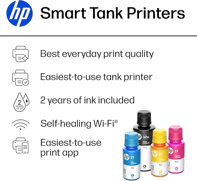 HP Smart Tank 5101 Wireless All-in-One Ink Tank Printer, Scanner, Copier with 2 years of ink, Best-for-home, Refillable, AI-enabled (1F3Y0A)