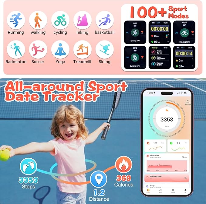 Smart Watch for Kids Fitness Activity Tracker for Boys Girls, Waterproof, Puzzle Games, Alarm Music, Sport Mode, Heart Rate, Sleep, Pedometer, Children Smartwatch Birthday Gift for Teens, Gold
