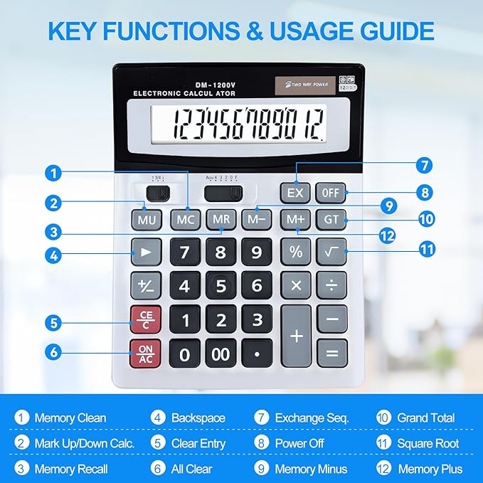 Desktop Calculator 12-Digit with Extra Large LCD Display, Big Buttons for Accounting & Office/School/Home Use - Dual Power (Solar/Battery)