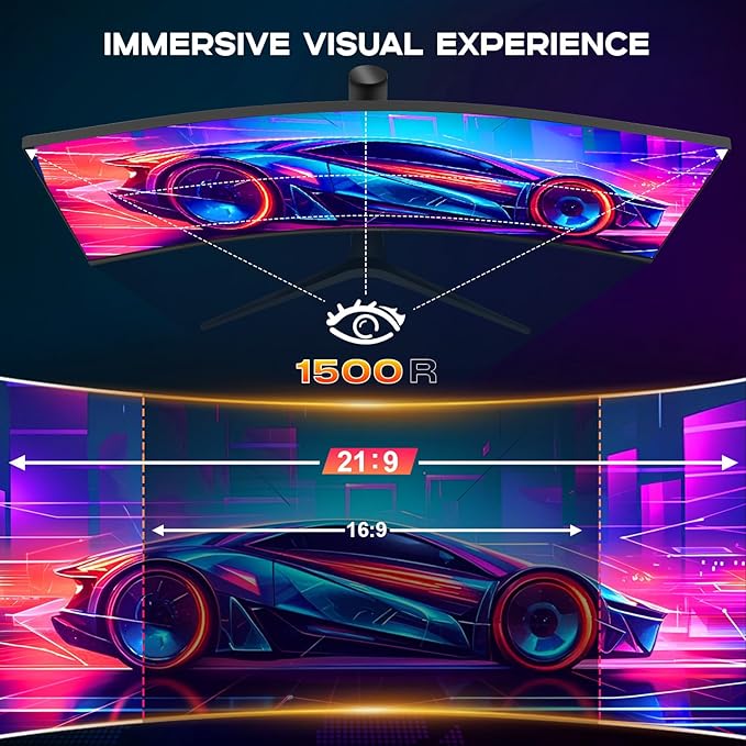 34 Inch Curved Monitor with Speaker, 180Hz UWQHD 3440x1440 Ultrawide Curved Gaming Monitor Split Screen, 4000：1 Contrast, sRGB 126%, FreeSync & G-SYNC, HDMI, DisplayPort, VESA, Height/Tilt/Swivel