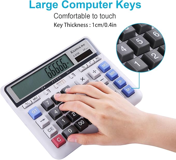 Comix Desktop Calculator Solar Battery Dual Power with 12-Digit Large LCD Display and Large Computer Keys Standard Function Calculator for Home Office School, White(2 Pack)