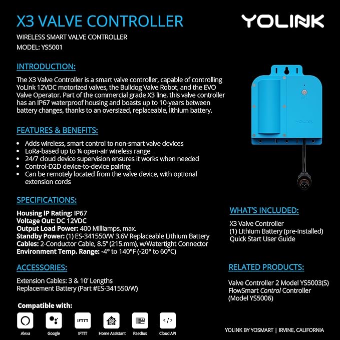 YoLink X3 Valve Controller Kit, 1" Brass Motorized Ball Valve, LoRa Long Range, 10+ Year Lithium, D2D with Leak Sensors & Fob, App Control & Schedules, Alexa/IFTTT/Home Assistant, Hub Required