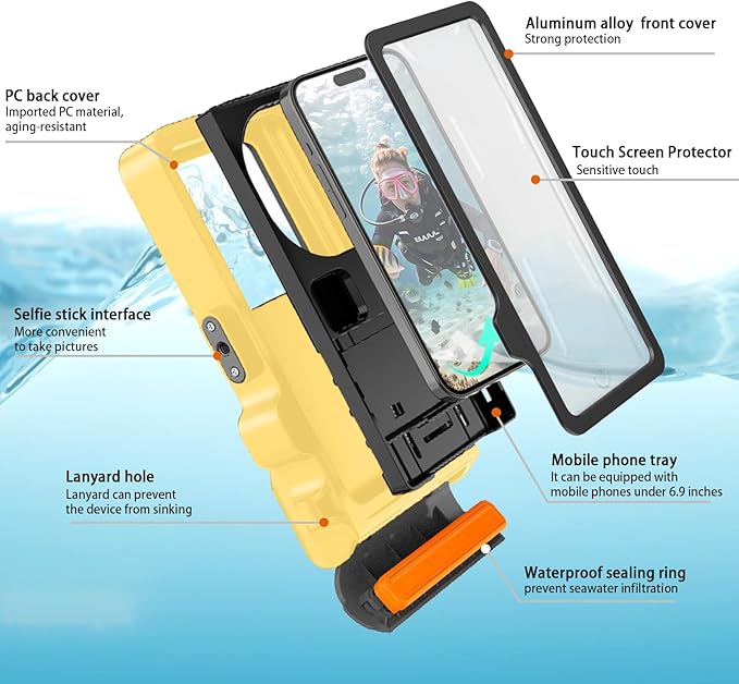 Waterproof Phone Case for Snorkeling & Diving (33ft/10m), IP68 Waterproof Hard Case for Swimming, Universal Underwater Touch Screen Case Compatible with iPhone (Yellow, 4th Generation Phone Case)