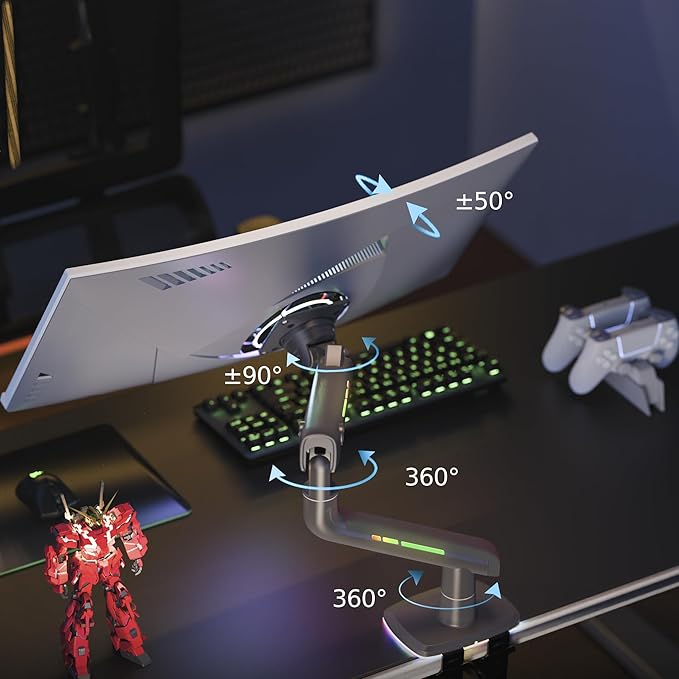 NB Gaming Monitor Arm for Screen up to 60 inches, Holds 44 lbs(20 kg), VESA 75/100, RGB Light, Heavy Duty Monitor Stand, Aluminum Ultrawide Screen Mount Height Angle Adjustable Grey Black