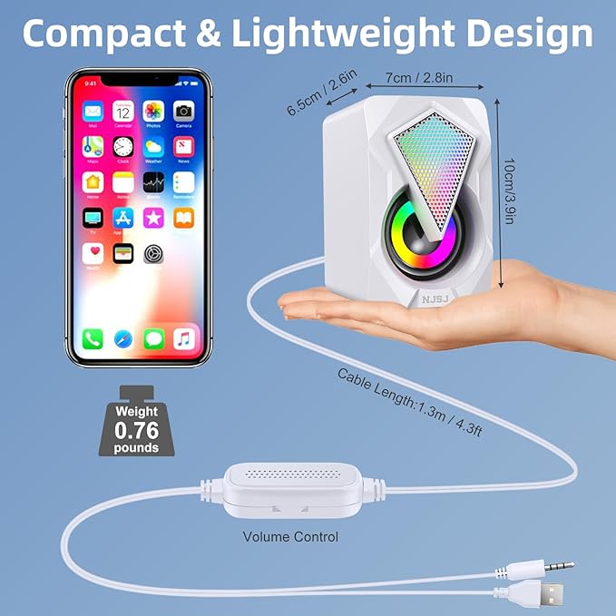NJSJ Computer Speakers for Desktop, USB-Powered Stereo 2.0 PC Speakers, Portable Small Speaker for Laptop Monitor with 3.5mm Aux Input, Colorful LED Lights - White