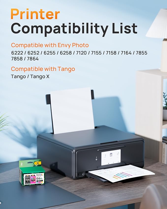 64XL Ink Cartridges Black and Color Combo Pack Remanufactured for HP Ink 64 64XL 64 XL Ink to use with HP Envy Photo 7855 7858 7155 7120 7158 7164 6255 Tango X Printers (1 Black, 1 Tri-Color)