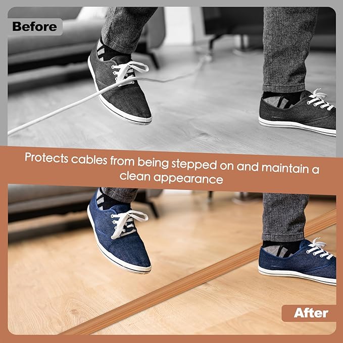 Floor Cord Cover for Wires on Floor Self Adhesive Cord Hider Floor Cable Management Wire Covers for Cords Protector Prevent Cable Trips Cord Cavity W 0.59" x H 0.31", Brown Wood, 3.3Ft