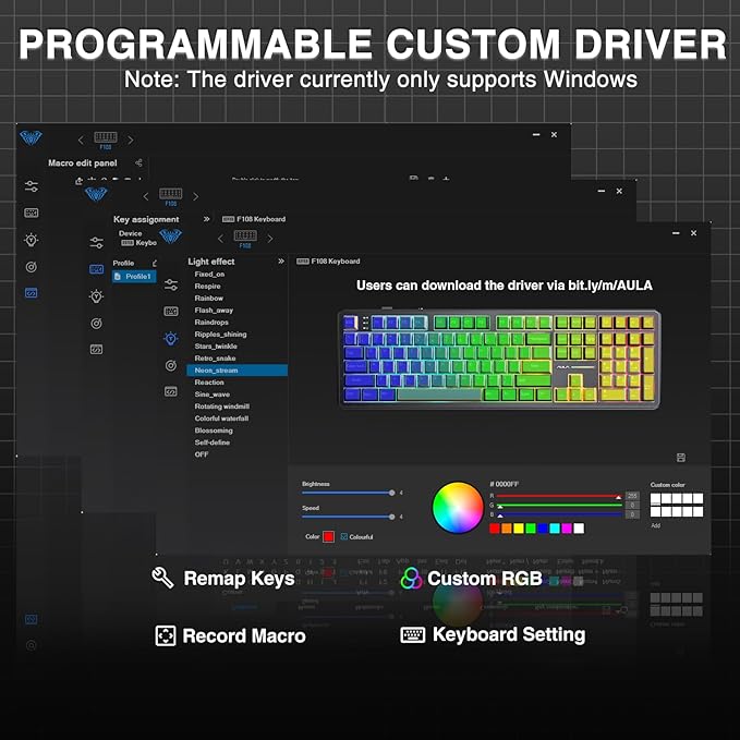 AULA F108 Wireless Mechanical Keyboard, Full Size Gaming Keyboard with Number Pad, Side Printed PBT Keycaps, Pre-lubed Switches, RGB Backlit, Hot Swappable Creamy Sounding Computer Keyboards, 108 keys
