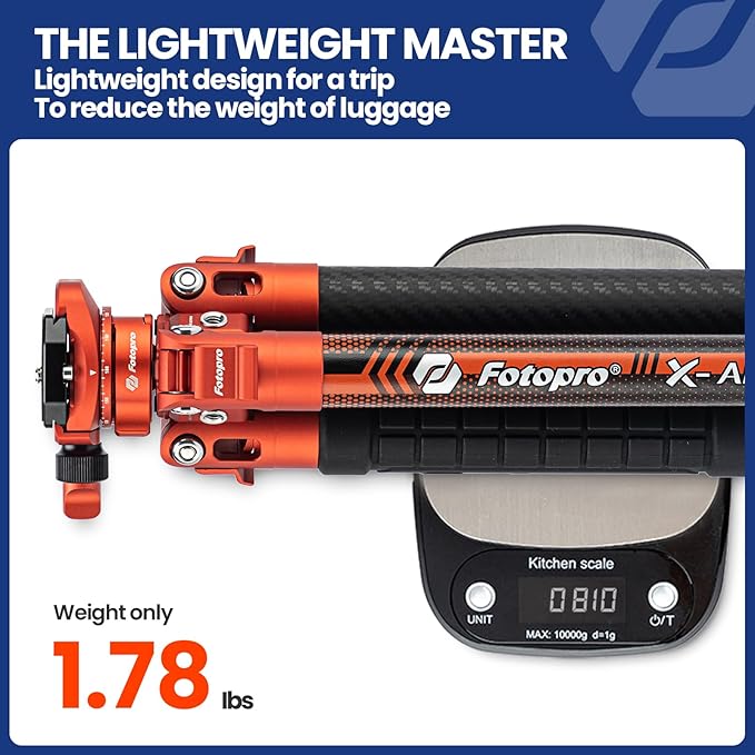 Fotopro Carbon Fiber Tripod 1.7lbs Ultralight 62 Inch Portable Compact Travel Tripod for Camera DSLR Load up to 22lbs X-Aircross 3 Lite Orange