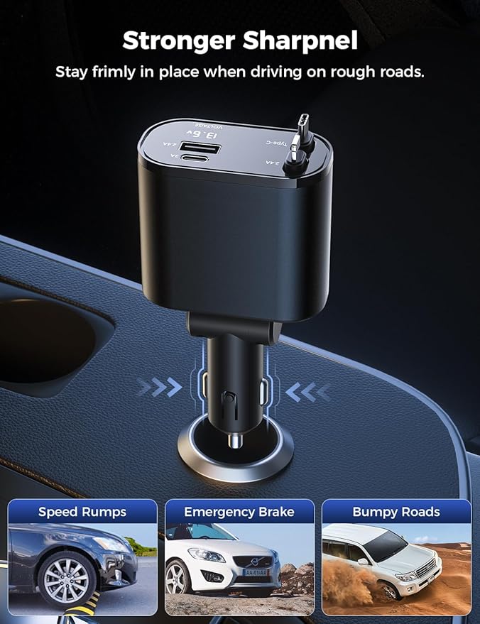 SUPERONE Retractable Car Charger for iPhone with Dual Type C Cables, 4 in 1 USB C Car Charger Adapter with PD 60W Fast Charging Compatible with iPhone 17 16 15 14 13 12 11 Pro/XS/XR/SE/iPad/Airpods