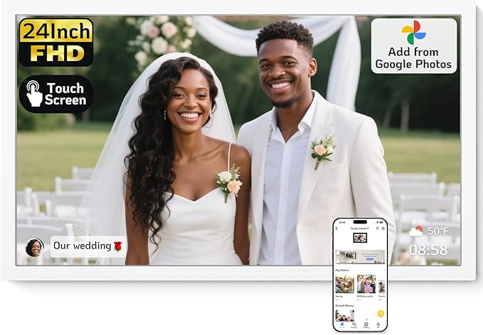 NexFoto 24 Inch Touchscreen Digital Picture Frame Large, FHD WiFi Electronic Photo Frame 64GB, Add Photos from Google Photos, Videos via App/USB, Gifts for WWedding, Newlywed, Housewarming, White