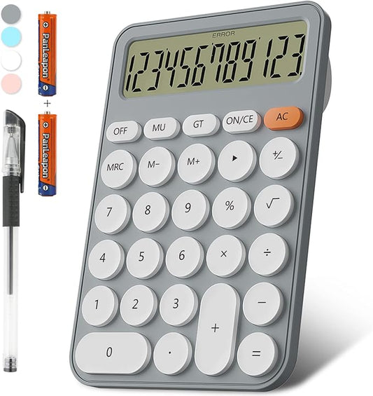 Cute Calculators Desktop Size 6.3 * 4.3in/16 * 11cm, DECKLIT Battery 12 Digit Desk Calculator Extra LCD Large Display, Great Desktop Calculator Big Buttons, 15°Tilt Screen for Kids Calculator(Grey)