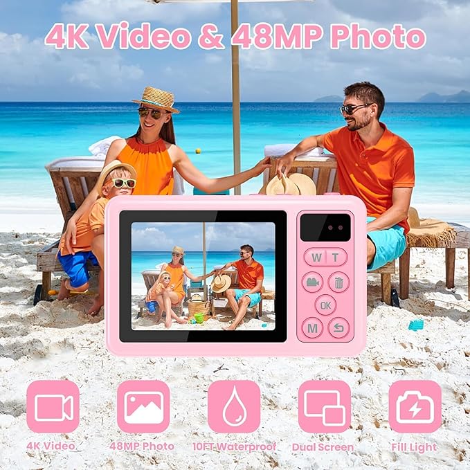 4K Digital Camera Waterproof, Point and Shoot Cameras for Photography, 10FT Underwater Camera with Dual Screens,18X Digital Zoom, 32GB TF Card, Selfie Cameras for Teens Beginners Girls Boys Kids(Pink)