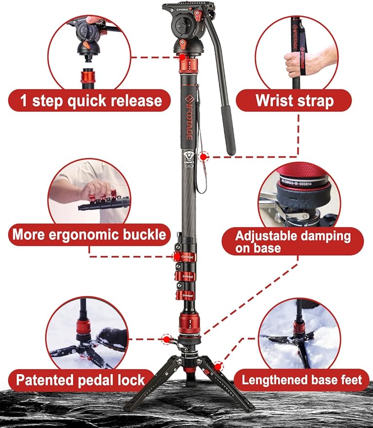 IFOOTAGE Cobra 3 Monopod Camera Stand with Pedal C180F-P, 71" Monopod for Camera Carbon Fiber, Compatible with Sony Canon Nikon DSLR Camera, Payload 17.64Lbs/ 8KG