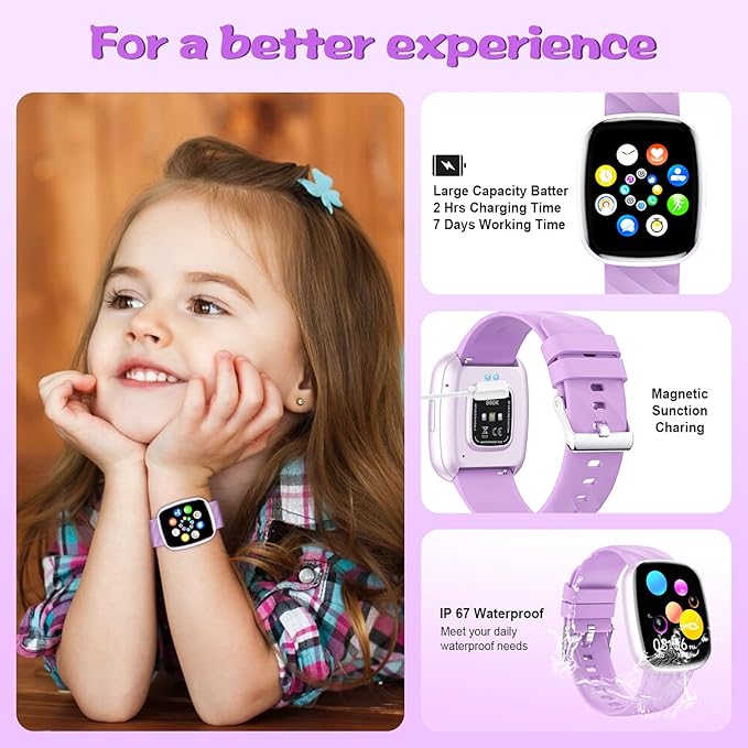Smart Watch for Kids Fitness Activity Tracker for Boys Girls, Waterproof, Puzzle Games, Alarm Music, Sport Mode, Heart Rate, Sleep, Pedometer, Children Smartwatch Birthday Gift for Teens, Purple