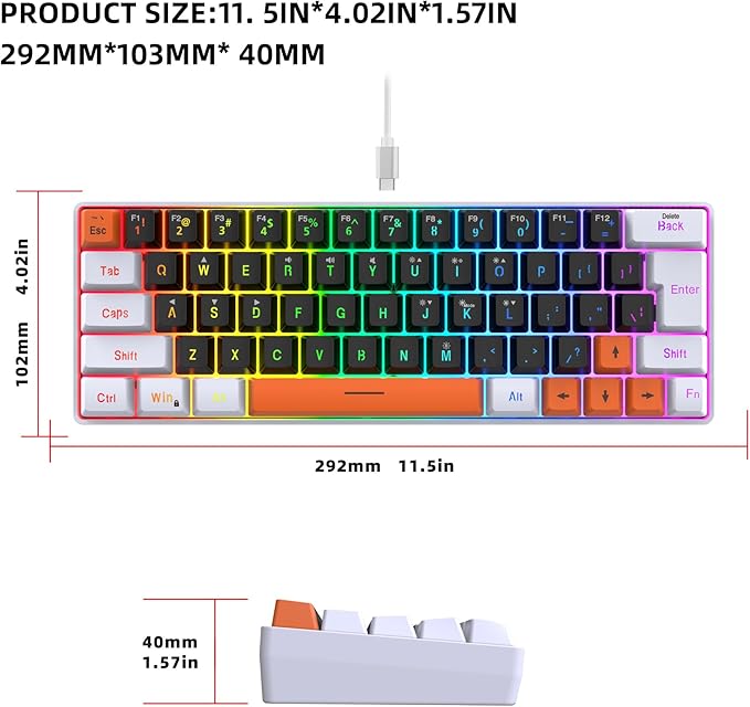 Snpurdiri 60 Percent Wired Gaming Keyboard, 63 Keys RGB Backlit Small Gaming Keyboard for PC, Gamer, Typist, Travel, Easy to Carry on Business Trip(Black-White-Orange)