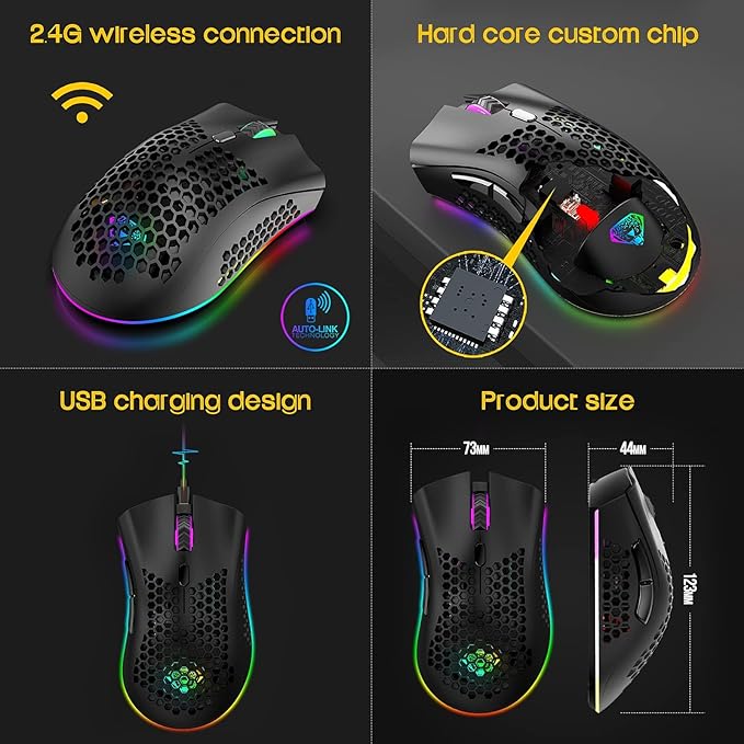 VEGCOO Wireless Gaming Mouse, C23 Silent Click Wireless Rechargeable Mouse with Colorful LED Lights and 3 Level DPI 400mah Lithium Battery for Laptop and Computer (Black)