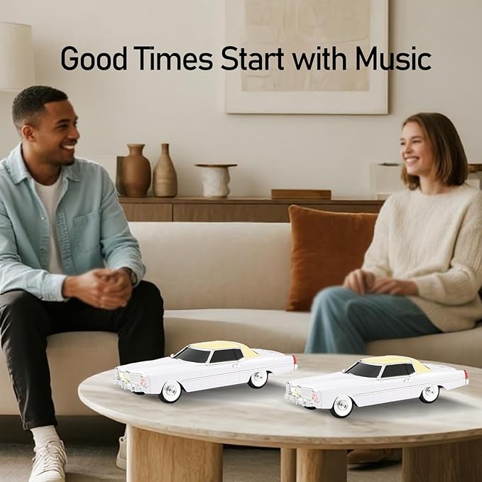 American Retro car Bluetooth Speaker, Mobile Wheel Retro car Model, HD Stereo, TWS Pairing, LED Ambient Light, Type-C Portable Charging, Home, Party, Camping Desktop Decoration (White)
