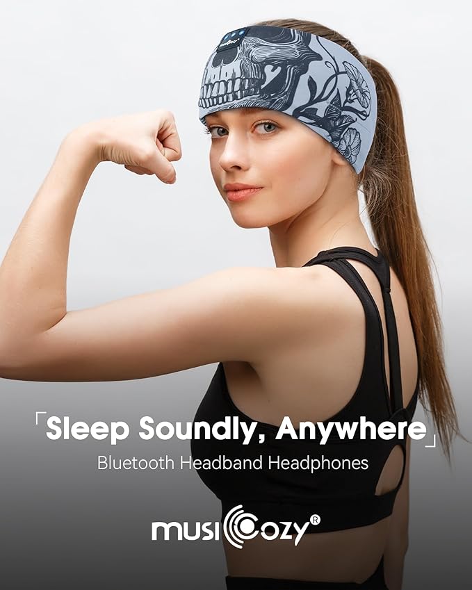 MUSICOZY Sleep Headphones Bluetooth Headband, Wireless Sleeping Headphones Music Sport Headbands, Long Time Play Sleeping Headsets Built-in Thin Speakers, Skulls Design for Sleeping Yoga