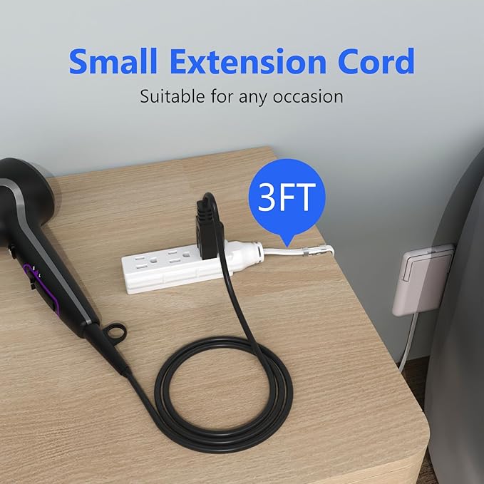 Ultra-Thin Flat Plug & Outlet Concealer, 3ft Slim Extension Cord, Space Saving Power Strip for Tight Spaces, 15A/1625W, Hide Bulky Messy Cords (White)