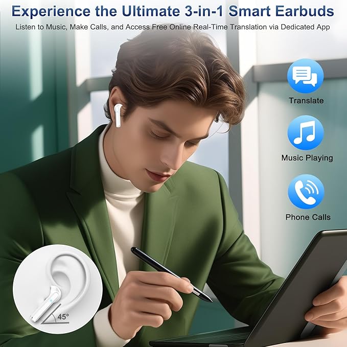 AI Translation Earbuds Real Time, 164 Language Translator Earbuds 3-in-1 Bluetooth 5.4 with APP, Translation Headphones with 6 Translation Modes Translating Device for Travel/Business/Learning, White