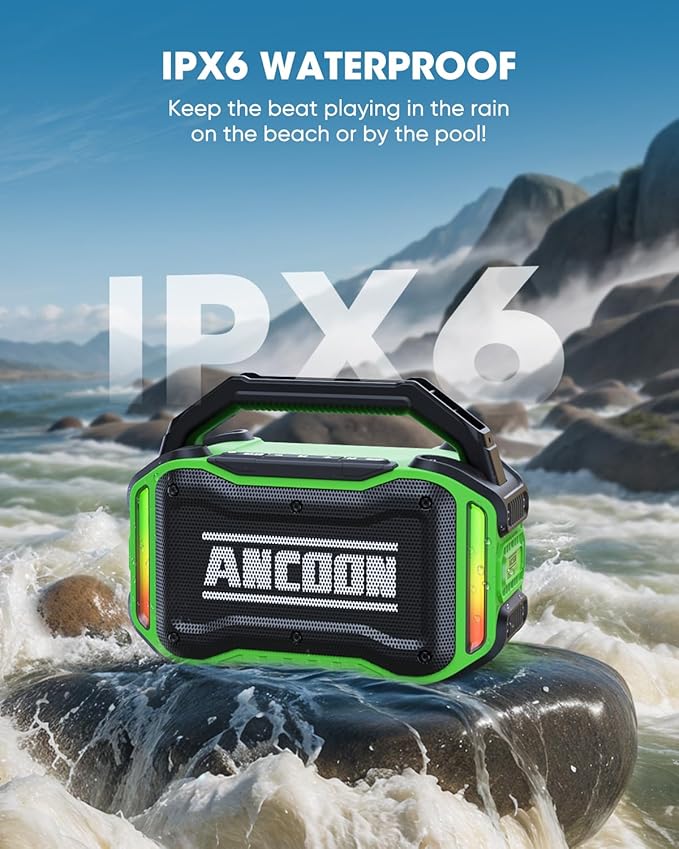 Speakers Bluetooth Wireless: 80W(Peak) Loud Speaker with Bass, 20H Playtime, IPX6 Waterproof, Large Jobsite Speakers for Work, Outdoor, Workshop, Garage, Portable Speaker with TWS (Green)