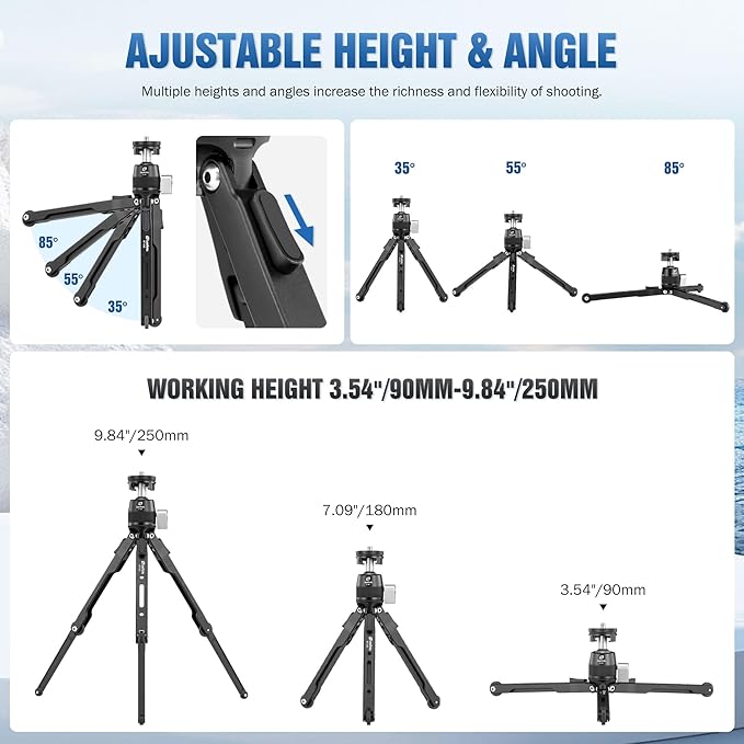9.84" Aluminum Table Tripod with Ball Head for Camera, 360° Rotation Desktop Tripod with 1/4" Screw for Phone Adaptor/Projector/Sport Camera, Max Load 11lb