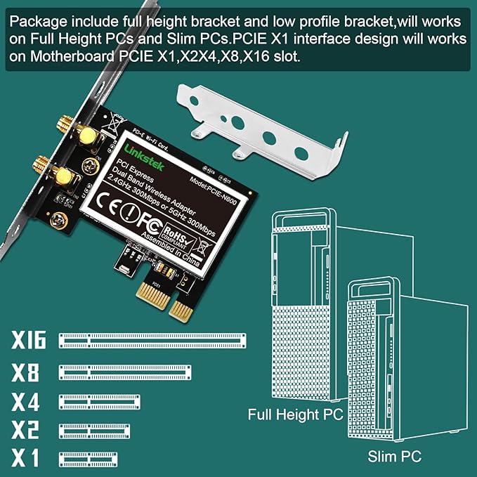 Wireless N 600Mbps (2.4GHz 300Mbps and 5GHz 300Mbps) PCIE WiFi Adapter, PCIE WiFi Card, QUALCOMM Atheros AR946X Wireless Network Adapter for Windows 10 8.1 8 7 XP Desktop PCs (PCIE-N600)
