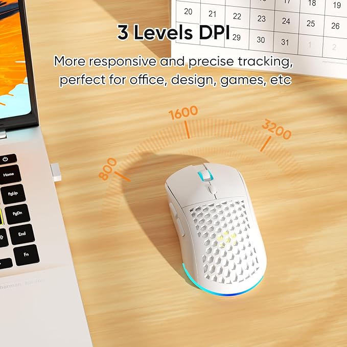 Honeycomb M32 Wireless Gaming Mouse - 2.4GHz RGB Rechargeable Ergo Mouse with Silent Clicks & 3200 DPI for PC/Mac -White