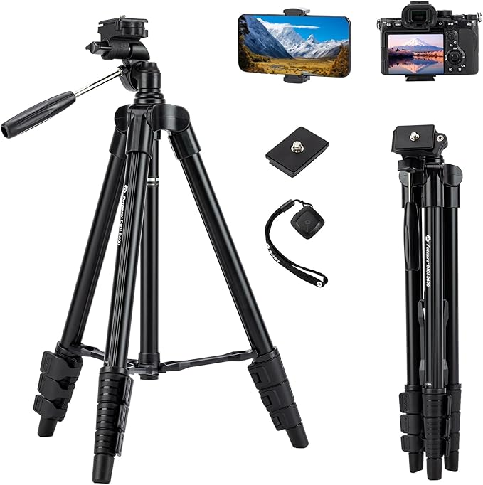 Fotopro 48" Camera Phone Tripod with 3-Way Head Phone Mount Remote Control, Aluminum Lightweight Portable Travel Tripod Stand for Camera Smartphone