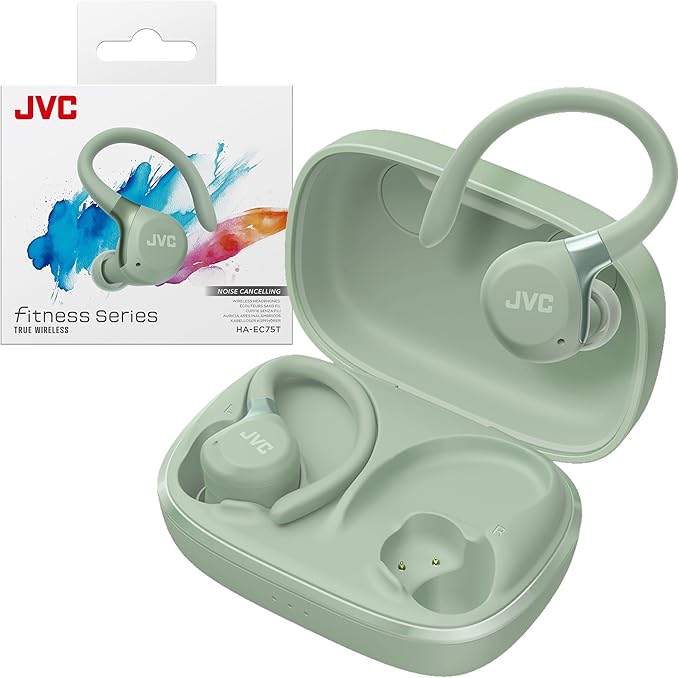 JVC Fitness Series True Wireless Sport Earbuds with Adjustable Hooks, Active Noise Cancelling, Ambient Sound Mode, IP57 Waterproof, 40hr Long Battery Life, App EQ, Low Latency, Mic HAEC75TG Green